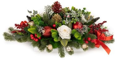 Generisch Weihnachtsgesteck Tischdeko für Advent mit Übertopf künstliche Gebinde mit Tannenzweigen Kugeln Kunstblumen u. Tannenzapfen 60cm (Weiß)