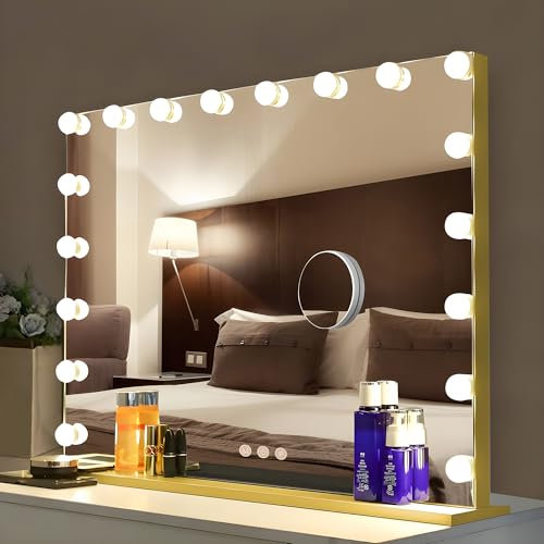 Bayt Hollywood Spiegel, Kosmetikspiegel, LED Schminkspiegel Gold mit 18 dimmbaren Lampen, 3 Lichtmodi, Touch-Steuerung, 10× Vergrößerung, 80×60 cm