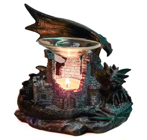 Kremers Schatzkiste Duftlampe Drache 22cm Aromalampe Burgruine Teelichthalter - für Ätherische Öle Duftwachs Duftöl Fantasy Deko Polyresin 19x22x18 cm Geschenk Wohnzimmer Duftstöfchen