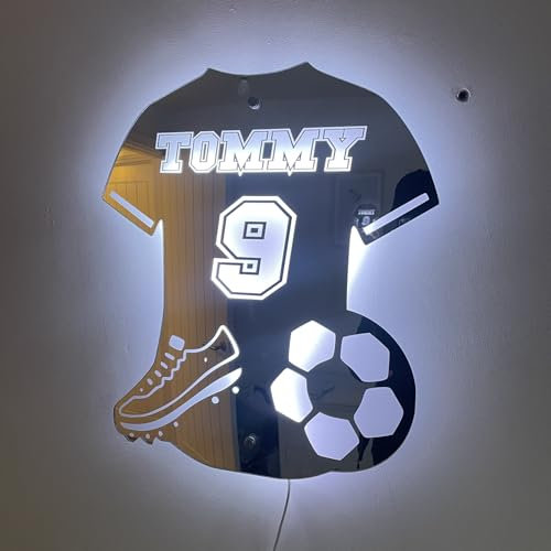 Personalised Football Shirt LED Wall Light – Custom Name & Number, Football-Themed Kids Bedroom Night Light, Gift for Boys, Football Fans, USB Powered