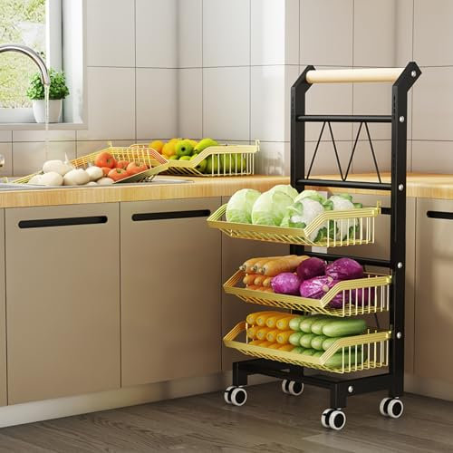 Scaffale portaoggetti per snack, cestino per frutta e verdura a 3, 4 e 5 livelli, carrello con cestello in filo metallico impilabile con ruote girevoli, scaffale multiuso per cucina, dispensa, garag
