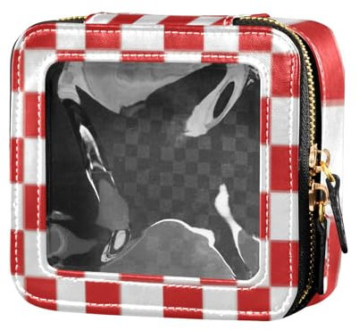 Yuiboo Mini-Make-up-Tasche, transparent, lustig, kariert, weiß, rot, Leder, Kulturbeutel, Nagellack, Organizer, Tasche für Reisen, Funny Plaid Check667, 5.1 x 4.7 x 2.2, Art Deco