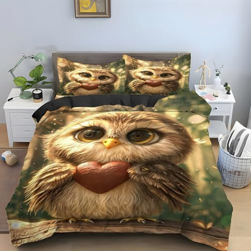 TMMDH Bettwäsche 155x220 Liebe Bettwäsche-Sets Mikrofaser Eule Bügelfreie & Knitterfrei Bettbezug mit Reissverschluss und 2 Kissenbezug 80x80 cm Geeignet für Einzelbett