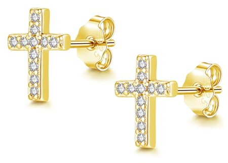 Cangall Gold Ohrstecker Silber 925 Klein, Hypoallergen Flache Kreuz Ohrstecker mit Zirkonia, Helix Knorpel Tragus Silber Damen Gold Ohrringe Stecker für Mädchen, Mode Ohrringe für empfindliche Ohren