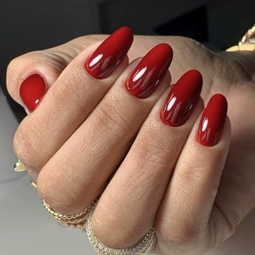 Red Press On Nails Short – Full Cover Acrylic Nail Tips, Medium Oval Shape, Accessory Tool Included, 24 Pcs Stick On Nails for Women