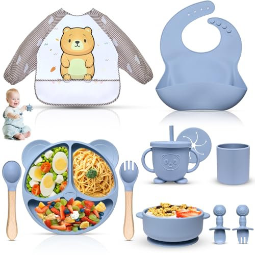 Dazhtu Vajilla Bebe, 11 Piezas Vajilla de Silicona para Bebés con Ventosa, Plato Bebe Ventosa Platos bebe impermeable, Cubiertos Bebe, Babero, Vajilla de aprendizaje para comer destete(Azul)