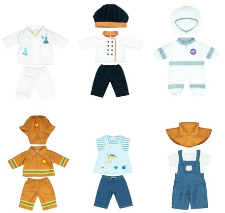 Miniland – Kleidung für 38 cm Puppe, Set mit 6 Berufskostümen (Wissenschaftler + Koch + Astronaut + Künstler + Bauer + Feuerwehr), Rollenspiel-Zubehör für Puppen