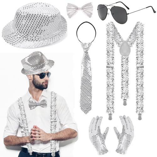 MUFEKUM 6 Stück Glitzer Outfit Herren, Glitzer Kostüm Accessoires mit Hut, Hosenträger, Fliege, Krawatte, Handschuhe, Sonnenbrille, Pailletten Disco Outfit Herren für Fasching Party Dance Performance