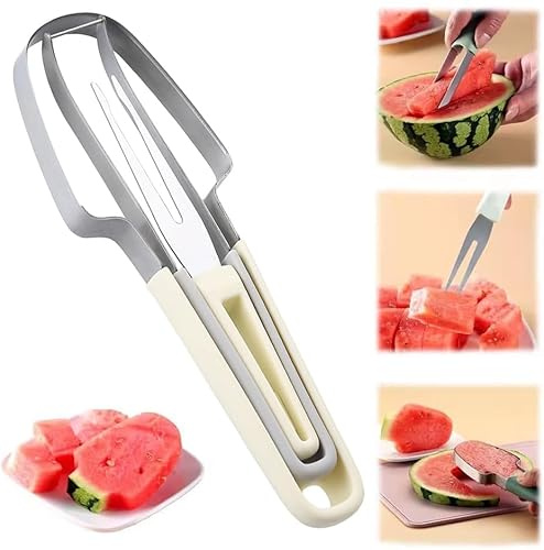 3-in-1 Watermelon Fork Slicer Cutter, Stainless Steel Watermelon Popsicle Cutter Watermelons Cutters Slicer Tool Melon Cutterr Knife Portability Fruit Fork for Camping Kitchen Gadgets (Beige)