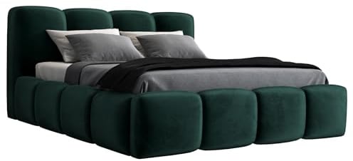 A&J MöbelLand Polsterbett 140x200 mit Bettkasten und Lattenrost – DONA-OM, Bett mit Stauraum in Dunkelgrün ohne Matratze