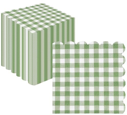 Uwiyo 100 Stück Servietten, 3-lagig 25x25cm Salbeigrün Servietten Gingham Papier Party Servietten Einweg-Papier Gewellt Papierservietten für Hochzeit Gartenparty Geburtstag Party (Grün Gingham)