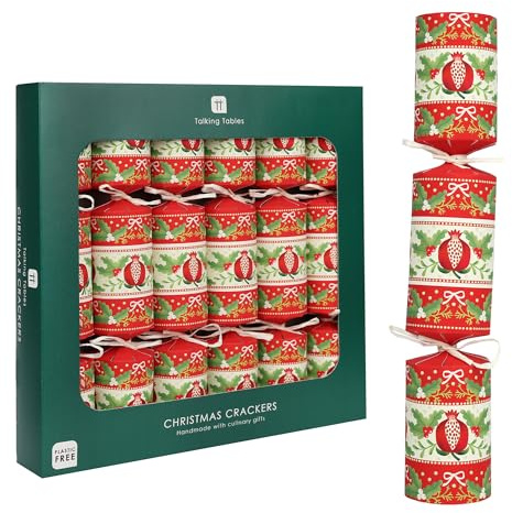 Talking Tables 6 x Red Christmas Crackers Folklore, 30cm Festive Crackers with Culinary Gifts, Games & Hats - Plastic Free, Recyclable Christmas Dinner Table Decorations