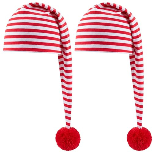 Jadive 2 Stück Schlafmütze mit Bommel Zwergenmütze Nachthaube Baumwolle Zipfelmütze für Karneval Fasching Erwachsene Schlafwandler Kostüm Party JGA Damen und Herren(Rot Weiß)
