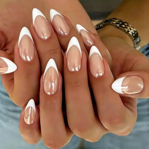 KQueenest Chrome Press On Nails French Tip - Glitzer Weiß Nägel zum Aufkleben Mittel Mandel, Sparkl Nude Fake Nails Künstliche Fingernägel, Glasiert Acryl Nägel für Frauen Hochzeit, 24 Stück