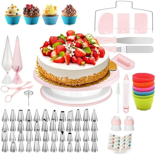 Kit da 90 pezzi per la decorazione di torte con piatto girevole per torte, 48 punte per tubazioni con grafico, spatola dritta e offset, 20 sacchetti per glassa, 3 raschietti per glassa, set per