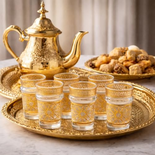 Saharashop 6 Teegläser Gläserset, Atay, Cay Trinkgläser NAJMA Gold oder Bunt Premium Orientalische Marokkanische, 6er Set Glastassen, Glasbecher (Gold)