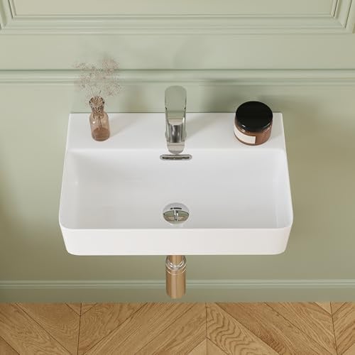 DeerValley Lavabo en céramique avec trop-plein, Design mural ou sur plan, Bonde à clapet incluse, Coins arrondis finition brillante, Évier de salle de bain moderne blanc