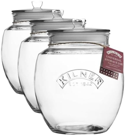 Kilner Universal Jar Push-Top Lid 0.85 Litre Glass Food Container with Silicone Seal Airtight Kitchen Storage for Tea Coffee Sugar and Pantry Essentials (Pack of 3)