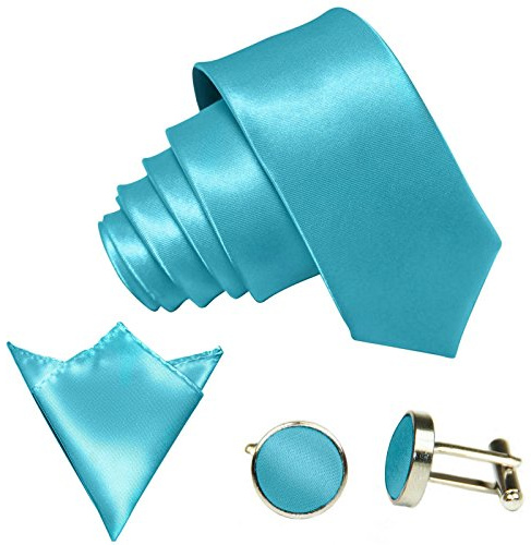 GASSANI 3-SET Krawattenset, 8,5Cm Breite Türkise Herren-Krawatte Schmal Manschettenknöpfe Ein-Stecktuch, Bräutigam Hochzeitskrawatte Glänzend