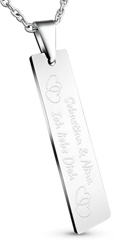 Hanessa Personalisierte Kette mit Gravur Edelstahl 50 cm mit Anhänger Rechteck Stab in silber - Personalisierte Halskette für Männer und Frauen - Personalisierter Schmuck Damen Herren