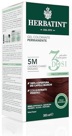 Herbatint Gel Colorante Permanente 3Dosi, 300ml - 5M Castano Chiaro Mogano, Senza Ammoniaca, per Pelli Sensibili, 100% Copertura Capelli Bianchi, con 8 Estratti Naturali Bio