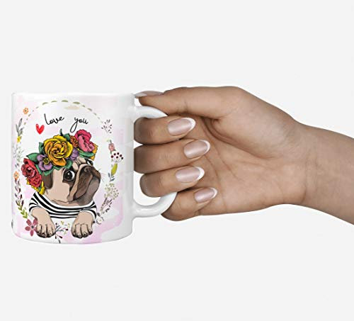 Kaffeetasse Tasse Teetasse Mops pug mit Blumenkranz weiss