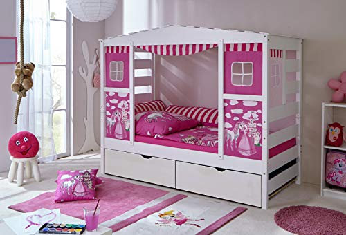 TiCAA Hausbett mit Bettkasten Horse Rosa Kiefer Weiß