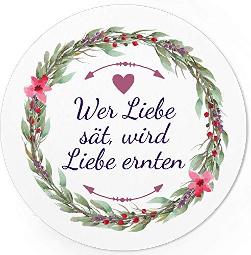 24 runde Design Etiketten - Wer Liebe sät, wird Liebe ernten - Aufkleber für Gastgeschenke - Motiv: Blumenkranz Aquarell mit Herz rosa lila