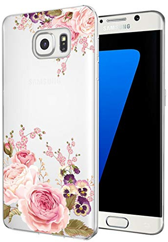Yerebel Coque Galaxy S7 Edge, Samsung S7 Edge, jolie coque transparente et flexible en silicone TPU souple pour Samsung Galaxy S7 Edge (fleur rose)