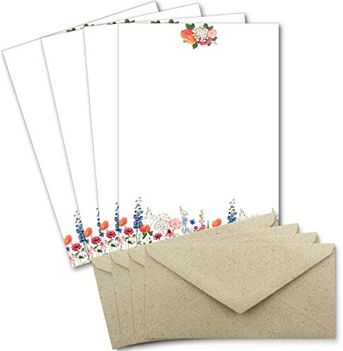 200 Briefbogen-Sets DIN A4 - Motiv bunte Blumenwiese auf Naturpapier - mit Briefumschlägen DIN Lang aus ökologischem Graspapier Briefpapier bedruckbar ideal für Hochzeitseinladungen