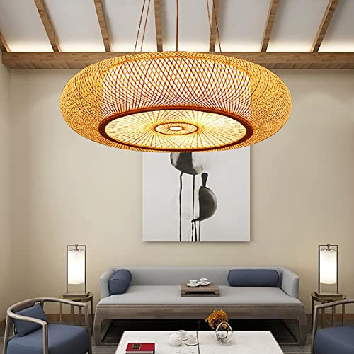 Vintage Hängelampe Retro Natürlicher Bambus Pendellampe E27 Höhenverstellbar Pendelleuchte Esszimmer Hängeleuchte Wohnzimmer Küche Bar Kronleuchter Beleuchtung Nachahmung Schaffell Lampenschirm,50cm …