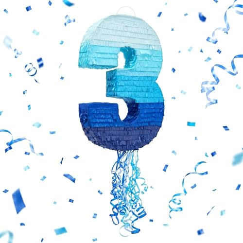 BLUE PANDA Piñata Nummer 3 für 6. Geburtstag, Party-Dekoration, Zugschnur, Ombré-Blau, Piñata für Jungen, Jahrestag, Fiesta, Feier, 41,5 x 29,8 x 7,6 cm