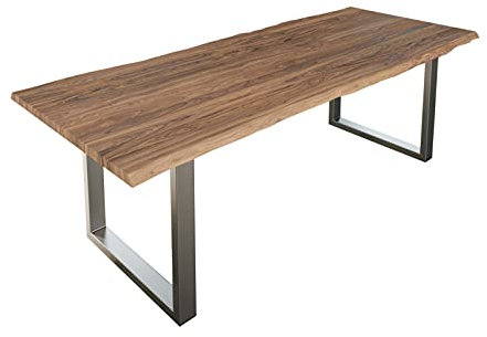 SAM Esszimmertisch 240x100 cm Lauren, Baumkantentisch aus Akazienholz, massiv + stonefarben, U-Metallgestell Silber, Esstisch mit echter Baumkante