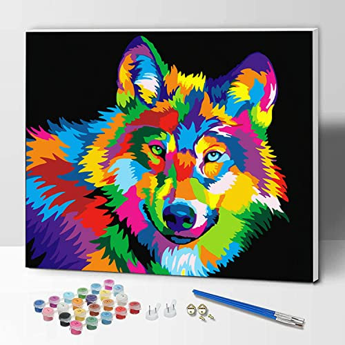 Hiolife Peinture par Numero pour Enfant et Débutant, Loisirs Créatifs Activité Manuelle, Peinture Acrylique Kit de Dessin pour Filles et Garçons, Avec Cadre 30 x 40 cm - Animaux - Loup