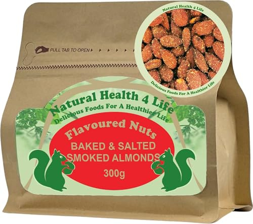 Natural Health 4 Life Smoked Almond Nuts 300g Pouch, Baked and Salted Almonds, Vegan, Dairy Free, Gluten Free, High Protein and Fibre, Smoky BBQ Flavour, Made in UK