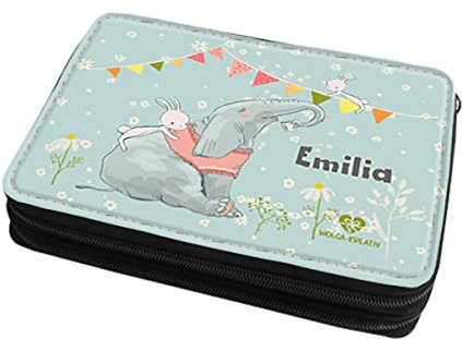 wolga-kreativ Federmäppchen gefüllte Federtasche Mäppchen Federmappe Elefant Hase Mäppchen Stiftemäppchen für Mädchen Jungen Kleinkind mit Namen personalisiert Bedruckt Schlampermäppchen