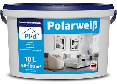 Plid® Polarweiß Wandfarbe Weiß matt 10L [HOHE REICHWEITE] - Weiße Wandfarbe Polarweiß geruchsarm - Farbe Wand - Weisse Innenfarbe Wall Paint White - Innenfarbe ausbessern weiß - Made in Germany