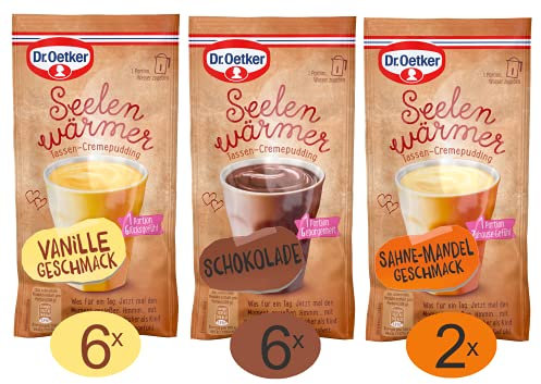 Dr. Oetker Seelenwärmer – 14er Pack Creme-Tassenpudding in den leckeren Geschmacksrichtungen Schokolade, Vanille Geschmack und Sahne-Mandel Geschmack