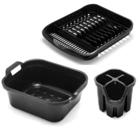 Addis Washing up Set of 3 Twin Handle Washing up bowl, Plate draining rack and Cutlery drainer, Black