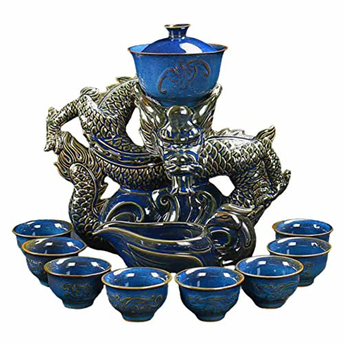 HHORB Théière Dragon Oriental | Service à thé Vintage Chinois | Tasses à thé soupière | Thé Kung Fu | Art du thé | Service à Thé Antique (Réflexion Bleue),A