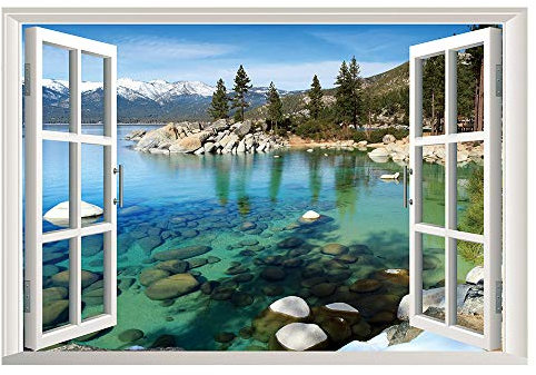 Lichi Adhesivo 3D para pared de ventana falsa con vista al lago, paisaje de montaña pacífica, calcomanía para decoración del hogar