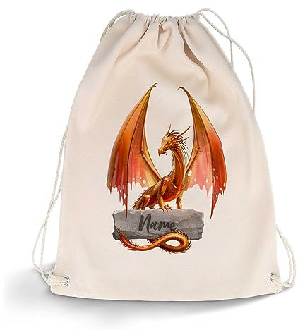 GRAVURZEILE Bedruckter Turnbeutel - Drache & Wunschname - Sportbeutel Rucksack Daypack Gymbag mit Kordelzug - für Schule und Freizeit Sport - für Kinder Jungen & Mädchen - 12 Liter 33x45 cm