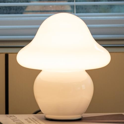 HEQET Mushroom Table Lamp - White Glass - Vintage Style - LED Bulb - Decorative - Indoor