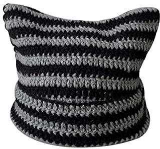 Niedliche Strickmütze für Damen, Herbst und Winter, warmer Pullover, Mütze, niedlicher Katzenohrenschutz, Wollmütze, Schwarz Grau, Einheitsgröße