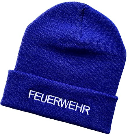 Schnoschi Blaue Strickmütze mit breitem Umschlag (Beanie Mütze) mit Feuerwehr Bestickt für Herren, Damen, Jugendliche und Kinder