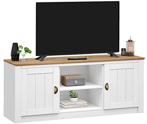 IDIMEX TV Lowboard Bolton aus Kiefer Massivholz, TV Bank im Landhausstil mit 2 Türen und Muschelgriffen, Lowboard aus Kiefer, Massivholz lackiert in weiß/braun