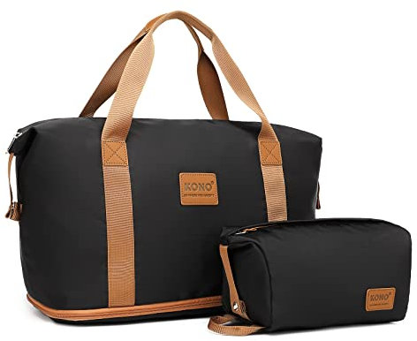 Kono Travel Duffel Bag Expandable Overnight Weekend Bags for Women with a Cosmetic Pouch Water Resistant Carry On Hand Luggage Sports Gym Hospital Maternity Tote 36L (Black/Brown)