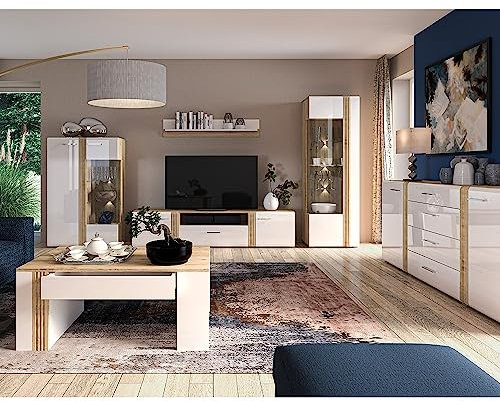 Wohnwand Anbauwand Fernsehwand TV Wand in Eiche Nb. modern mit Fronten in Hochglanz weiß 6-teilig, Vitrinenschrank, TV-Lowboard, Highboard, Wandregal, Couchtisch und Sideboard, inkl. LED Beleuchtung