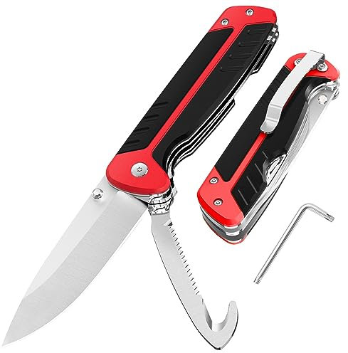 YiMai Navaja Plegable, Navaja Multiusos con Sierras de Madera y Cortador de Cinturón, Cuchillo Supervivencia para Caza, Camping, Senderismo, Emergencias y Poda de Jardines (Negro&Rojo)