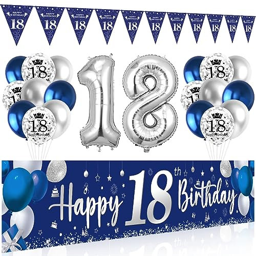 18 Geburtstag Deko Junge Mädchen, 18 Happy Birthday Banner Blau Silber, Luftballons 18 Geburtstag Wimpel Girlande, Deko 18. Geburtstag Hintergrund Ballons Marineblau Silber für Jungen Party Deko